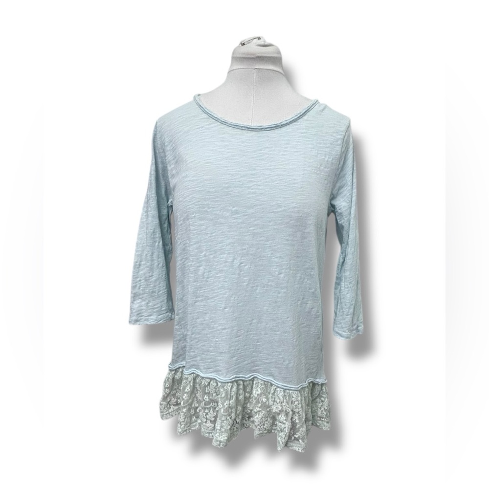 Dylan Women’s 3/4 Sleeve Tunic Blouse Ruffled Lace Lightweight Cotton Sky Blue M